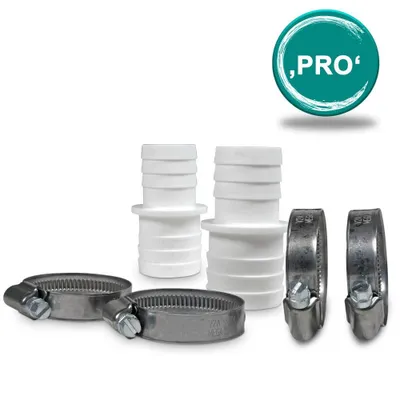 A product shot of hose connectors and hose clamps against a white background.