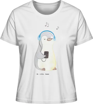 Produktbild von Mr. & Mrs. Panda Basic Shirt Damen Pinguin Musik hören Größe S - Weiß - Geschenk, Oberteil, Kurzarmshirt, Sommershirt, Lieblingssong