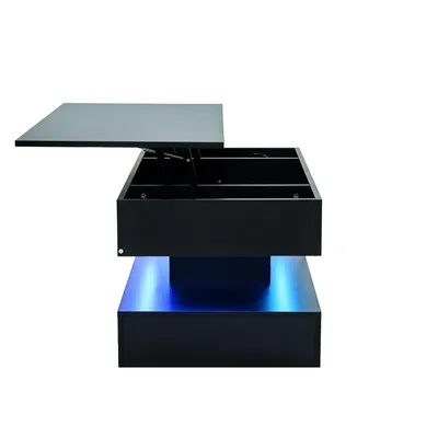 Produktbild von Merax Couchtisch höhenverstellbar mit LED, verstecktem Stauraum & EU-Steckdose, App-gesteuert, 100x50x42 cm, Schwarz