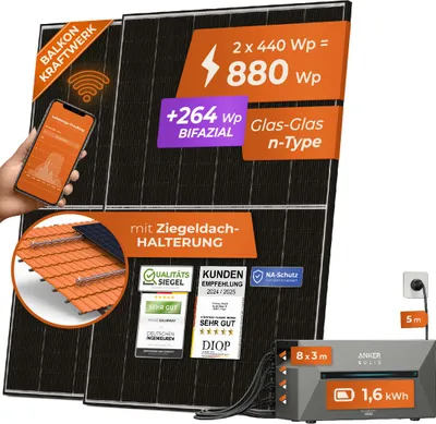 Produktbild von Solarway® 880W Balkonkraftwerk 800W komplett Steckdose Anker SOLIX Solarbank 2 E1600 Pro 1,6 kWh Speicher - 440W bifaziale Solarmodule & Ziegeldach Halterung