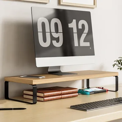 Image de Support pour écran en bois avec rangement, dimensions : 80 cm x 20 cm x 9,5 cm. Couleur bois naturelle + étagère noire