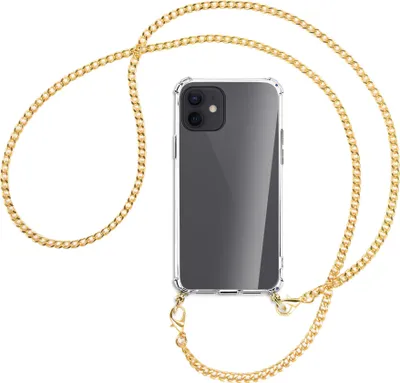 Produktbild von Handykette Backcover-Schutzhülle mit Band (Metall goldfarben) für Apple iPhone 12, 12 Pro - goldfarbene Kette