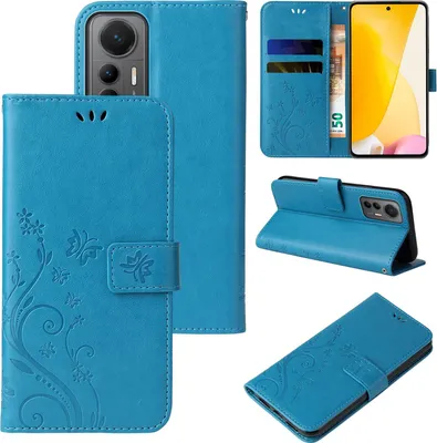 Produktbild von Handyhülle für Xiaomi 12 / 12X Floral Blumen Schmetterling Flip Cover Hülle Case Klapphülle Handytasche Farbe: Blau