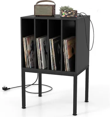 Produktbild von Plattenspieler-Ständer mit Ladestation, Schallplattenregal mit 4 Aufbewahrungsfächern für Schallplatten, Plattenspielertisch mit Metallbeinen, für Wohnzimmer, Musikzimmer (Schwarz)