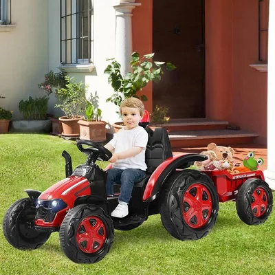 Obrázok produktu pre Elektrický traktor pre deti – 12V hračkárske vozidlo v červenej farbe s prívesom