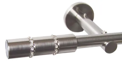 Produktbild von Gardinenstange Set Edelstahl Look Metall Ø 16mm zur Wandbefestigung 1-lauf Modern Kappe mit Kristall , Länge wählbar H12E26