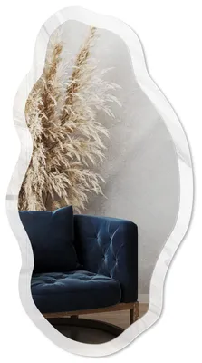 Produktbild von Dekorativer Wandspiegel mit Print, organische asymmetrische Form, 90x45 cm, moderner Designspiegel für Wohnzimmer, Flur und Schlafzimmer - Wellen der Eleganz, KI-generiertes Bild