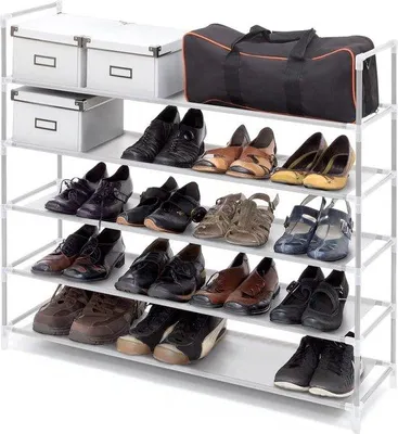 Obrázok produktu pre Kovový regálový systém na topánky s 5 policami – biely – HBT 905 x 87 x 295 cm – 20 miest na topánky