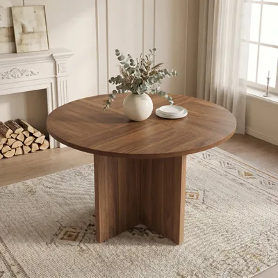 Obrázek produktu pro MODFU Kulatý jídelní stůl pro 4-6 osob, průměr desky 120 cm, kuchyňský stůl s dřevěným vzhledem, klasický obývací pokojový stůl, vhodný do obývacího pokoje, barva ořechového dřeva