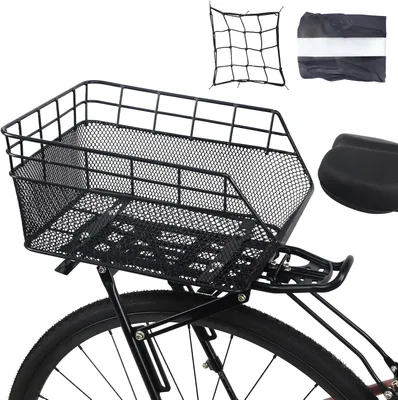 Zdjęcie produktu dla Koszyk rowerowy tylny, wytrzymała skrzynia bagażowa, z wodoodpornym pokrowcem, siatka mocująca, przeznaczona do rowerów i rowerów elektrycznych