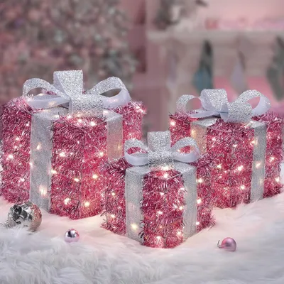 Produktbild von 3er Set LED-Geschenkboxen, Weihnachten – Weihnachtsdekoration für den Innenbereich, batteriebetrieben – 140 warmweiße LEDs – beleuchtete Boxen für Weihnachten