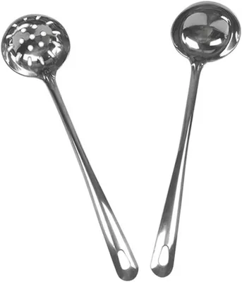 Obrázek produktu pro Nerezová cedníková lžíce s dlouhými ergonomickými rukojeťmi, odolná vůči vysokým teplotám, ideální pro asijskou kuchyni a polévky