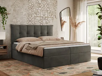 Produktbild von MKS MEBLE Boxspringbett 200 x 200 cm mit Bettkasten und Matratze H4, Polsterbett 200 x 200 cm mit Bettkasten, Bett 200 x 200 cm mit Stauraum und Topper - Premium-10 - Dunkelgrau Velvet