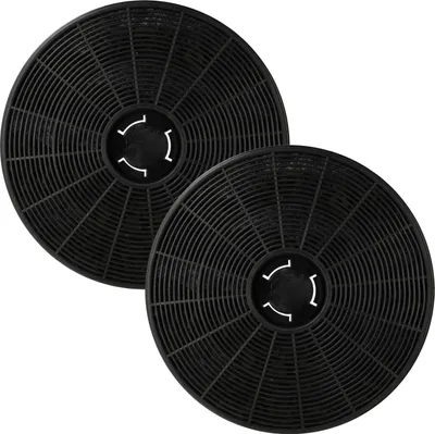Two round charcoal filters for a range hood, viewed from a slightly elevated angle.
