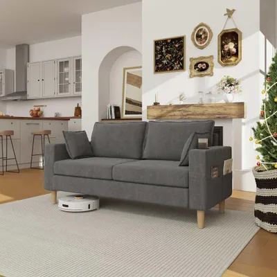 Produktbild von AIORBER Zweisitzer Sofa mit Stauraum und Getränkehaltern, Chenille 2 Sitzer Couch mit Seitentaschen und Kissen, kompaktes gemütliches Loveseat für Wohnzimmer Grau