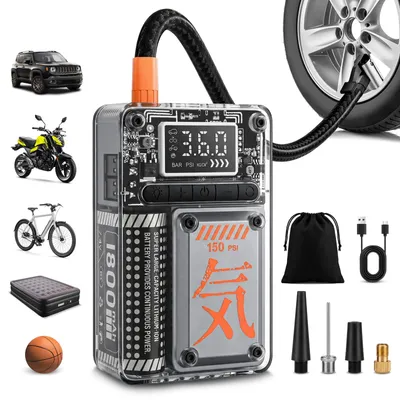 Produktbild von Focenat Elektrische Luftpumpe 150PSI, Mini Akku Luftpumpe, Tragbarer Tire Inflator mit LCD Display & Auto Abschaltung, Fahrradpumpe für Auto, Motorrad, Fahrrad, Ball