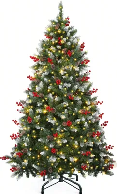 Produktbild von 230 cm Künstlicher Weihnachtsbaum mit Schnee und 550 LED Beleuchtung, 82 Kiefernzapfen, 82 Beeren, Tannenbaum mit 1398 Spitzen, Metallständer
