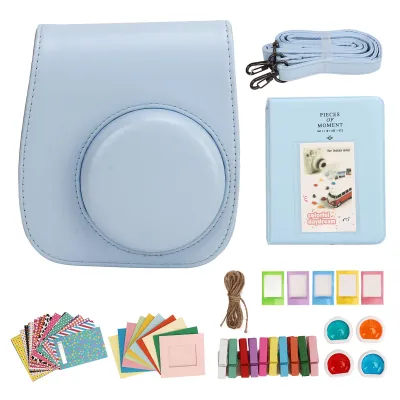 Obrázok produktu pre Ochranné puzdro zPolyuretánkože pre instantné fotoaparáty Fujifilm Instax Mini 12 s albumom, filtrami, farebnými závesnými rámčekmi a nálepkami (modré)