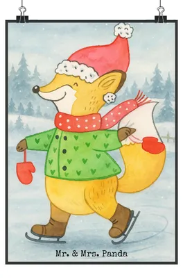 Produktbild von Mr. & Mrs. Panda Bild Fuchs  Schlittschuhe Design DIN A3 - Weiß - Geschenk, Weihnachten, Wanddekoration, Heiligabend, Weihnachtsbaum, wanddeko, drucke, Weihnachtsmann