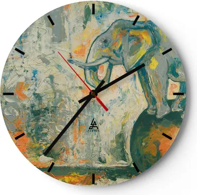 Produktbild von Wanduhr - Rund - Glasuhr - Elefant Abstraktion - 40x40cm - Schleichendes Uhrwerk - Lautlos - zum Aufhängen bereit - Dekoration Modern - Wanddekoration aus Glas - C3AR40x40-3566