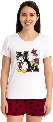Produktbild von Disney Minnie Mouse Schlafanzug für Damen - Pyjama Set Kurzarm Oberteil mit Shorts Weiß/Rot L
