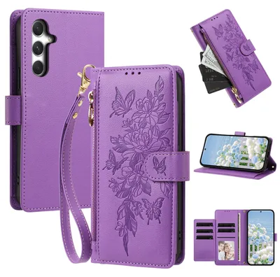 Produktbild von Handyhülle für Samsung Galaxy A15 5G/4G, Wallet Case Kunstleder mit Kartenfächern, Reißverschluss und Handschlaufe Lila