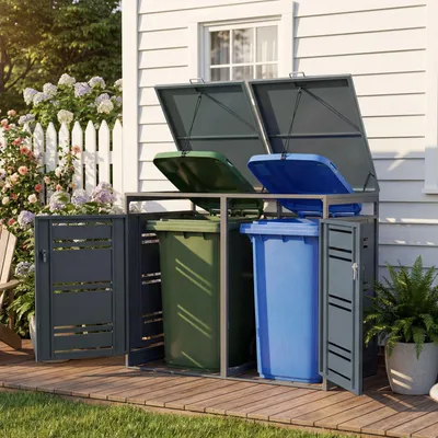 Produktbild von COSTWAY Mülltonnenbox für 2x120 L Mülltonne, wetterfester Gartenschuppen mit abschließbarer Tür, Gasdruckfeder&Stoßdämpfer, Geräteschuppen aus Metall