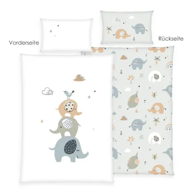 A flat lay of a bedding set, showing the front and back sides of a duvet cover and pillowcase with an elephant theme.
