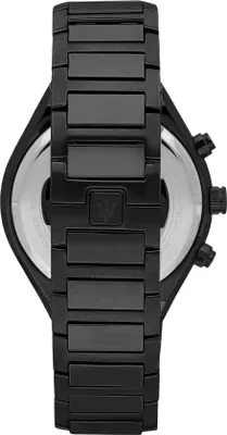 The back of a black Maserati watch with a metal band.