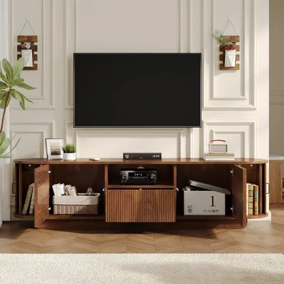 Produktbild von Merax TV Lowboard mit Schiebetüren, 180cm Fernsehtisch mit 3D-Wellenstruktur, TV Schrank mit Schublade, Offenes Fach, Wohnzimmer Sideboard, Nussbaum