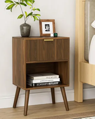 Image de Table de chevet avec un tiroir et un espace ouvert, en noyer, idéale pour les chambres et les salons