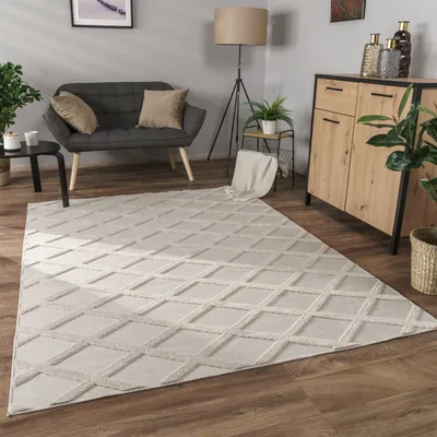 Produktbild von Teppich Wohnzimmer Schlafzimmer Kurzflor Boho Skandi Raute 3D Grau Anthrazit Grösse 230x340 cm