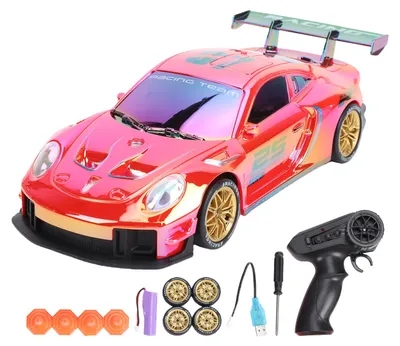 Obrázek produktu pro RC driftové auto v měřítku 1:24, elektrické závodní vozidlo s dálkovým ovládáním 2,4 GHz a pohonem všech kol, s LED světly, pro vnitřní i venkovní použití, červené