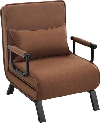 A brown armchair with a small pillow on a white background.