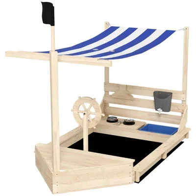 Image de Bac à sable en forme de bateau pirate avec cuisine de jeu | Couleur : bois naturel | Dimensions : 103 x 180 x 144,5 cm