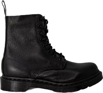 A black leather boot on a white background.
