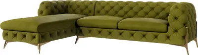 Produktbild von S-STYLE MÖBEL - Chesterfield Ecksofa mit Ottomane links Nova mit Goldene Metall Füßen aus Olive Samtstoff, B/T/H: 305 cm/ 200 cm/ 75 cm