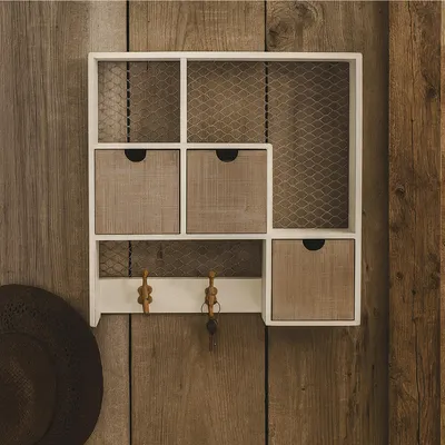 Produktbild von Dekorativer Wandschrank im Shabby Chic Vintage Holzregal mit Schubladen und Haken HTI-Line