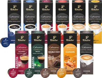 A collection of Tchibo Cafissimo coffee capsule boxes and individual capsules arranged in a visually appealing manner.