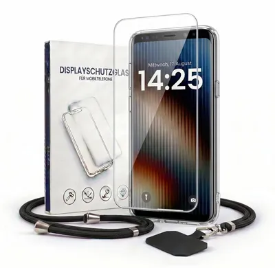 Produktbild von Handyhülle für Samsung Galaxy S9 mit Handykette und 9H Displayglas Displayschutz Band in Schwarz Kordel Hülle Case Schutzhülle Transparent