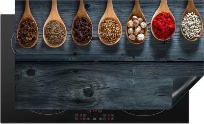 Produktbild von KitchenYeah© Herdabdeckplatte Gewürze - Löffel - Holz - Küche - Gewürze - Industrie , 90x52cm, Küche Deko, Glaskeramikkochfeld Herdabdeckung, Abdeckplatte fùr Kochfeld
