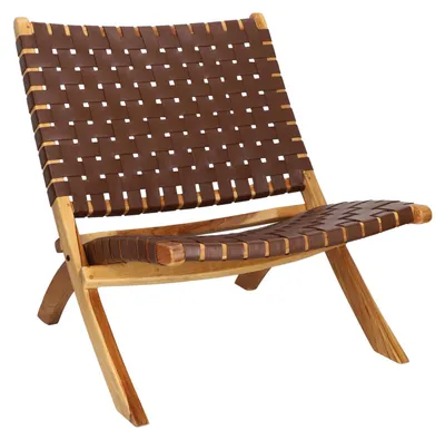 Zdjęcie produktu dla Fotel drewniany krzesło siedzisko skórzane boho do salonu 66 cm