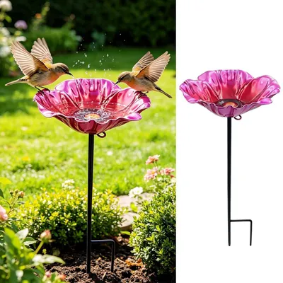 Immagine prodotto di Abbeveratoio per uccelli, metallo rosa, forma a fiore, resistente al gelo, 30x13,5 cm