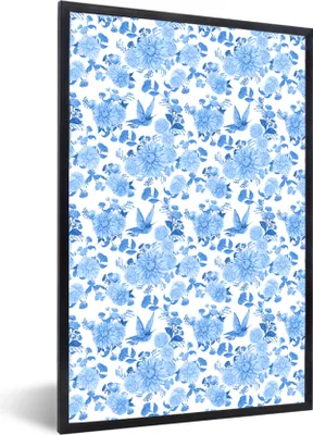 Produktbild von MuchoWow® MuchoWow® Gerahmtes Poster Blumen - Rosen - Vögel - Blau 60x90 cm - Poster mit zchwarzem Bilderrahmen - Kunst