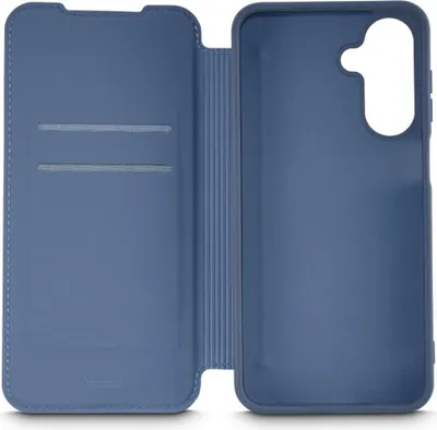An open blue flip case for a smartphone, showing the interior card slots and the phone holder.