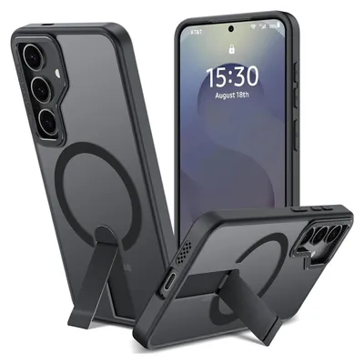 Three views of a black smartphone case with a kickstand and magnetic ring, displayed on a white background.