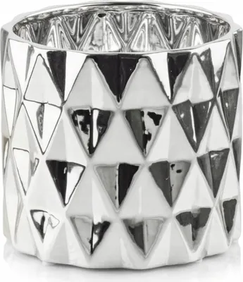 A silver ceramic planter with a geometric pattern.