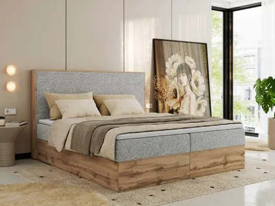 Produktbild von MKS MEBLE Boxspringbett WOOD CLASSIC, Komplett Set mit Multipocket-Matratze und Topper, Doppelbett für Schlafzimmer, hohe Kopfteil - 160 x 200 cm - H3 - Hellgrau Struktur