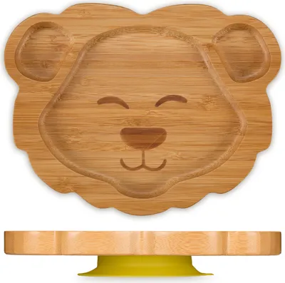 Image de Assiette pour bébé Relaxdays avec ventouse, en bambou, motif lion, antidérapante, sans BPA, pour la diversification alimentaire, assiette compartimentée pour enfants, couleur naturelle