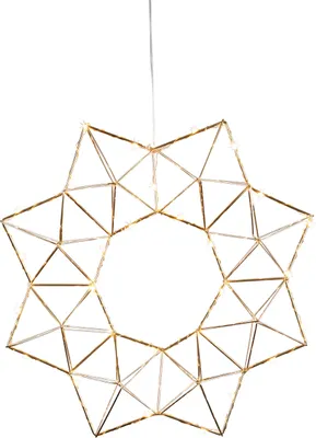 A geometric star-shaped wreath with lights, suspended by a thin wire against a white background.